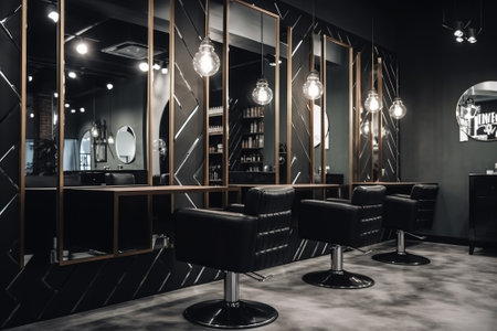 Interior of modern barbershop with black leather chairs and mirrorsの素材