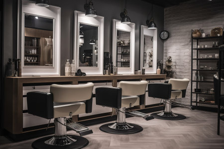 Barber shop interior with furniture. Barbershop chair and tableの素材