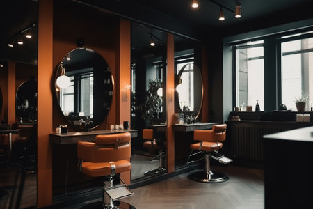 Interior of modern barbershop with orange chair and round mirrorの素材
