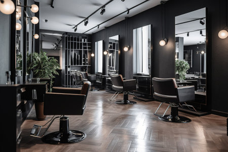 Interior of modern barber shop with stylish hairdressing salonの素材