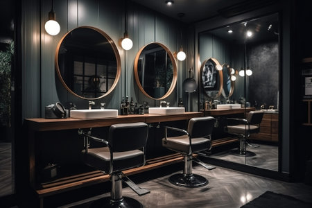Interior of a modern barbershop with black chairs and round mirrorsの素材
