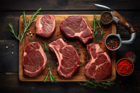 Raw beef steaks on cutting board with rosemary and spices on dark wooden backgroundの素材