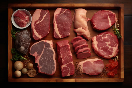 Variety of meat products including pork, beef, chicken, beef, pork, lamb, beef, pork, chicken fillet, pork, beef, pork, chicken filletの素材