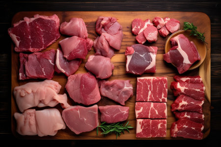 Variety of raw meat on wooden cutting board. Top view.の素材