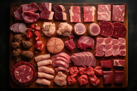 Assorted meat products on a wooden cutting board. Top view.の素材