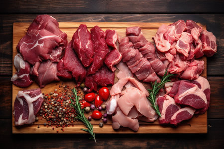 Variety of raw meat including beef, pork, lamb, beef and lamb with spices on wooden board.の素材