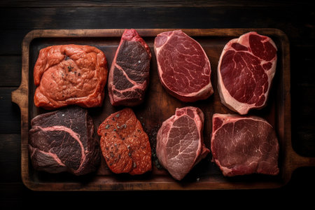 Variety of raw beef steaks on wooden cutting board. Toned.の素材