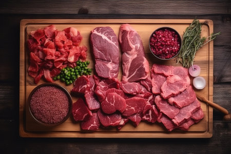 Raw beef meat with spices, herbs and vegetables on a cutting boardの素材