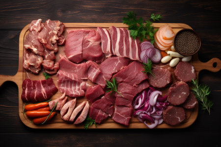 Raw meat on cutting board with vegetables and spices on dark wooden backgroundの素材