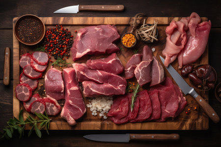 Raw meat with spices and herbs on a wooden board. Top viewの素材