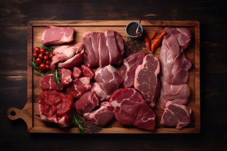 Variety of fresh meat on a wooden cutting board. Top viewの素材
