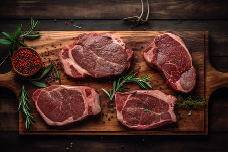 Raw ribeye steak with spices and herbs on a cutting board.の素材
