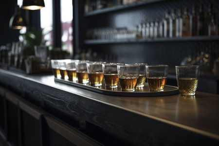 Glasses of whiskey on bar counter, closeup. Alcohol drinksの素材