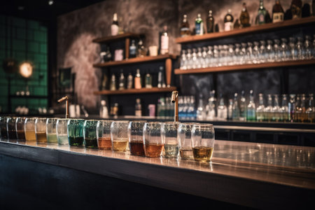 Colorful cocktails on bar counter in night club. Alcoholic drinks conceptの素材