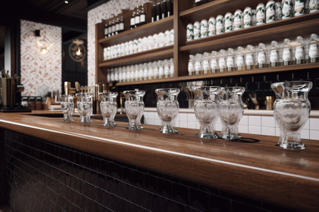 Coffee shop interior. Bar counter with glasses and bottles.の素材