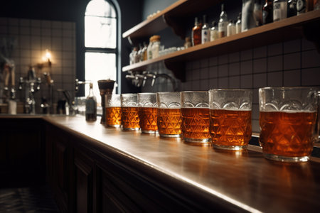 Glasses of beer on the bar counter in a pub or restaurantの素材