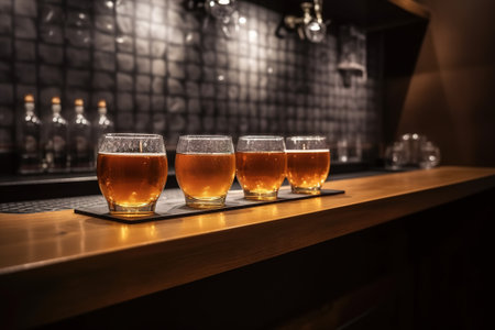 Glasses of beer on the bar counter in a pub or restaurantの素材