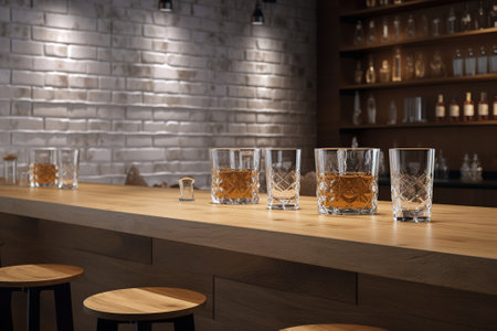Glasses of whiskey on wooden bar counter. 3d render.の素材