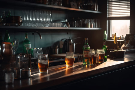 Beer glasses and bottles on bar counter in pub or restaurant. Refreshing drinks.の素材