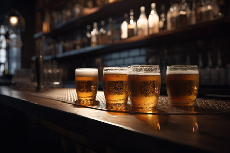 Glasses of beer on bar counter in pub. Selective focusの素材