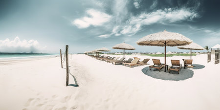 Beach umbrellas and sunbeds on tropical sand beach.の素材