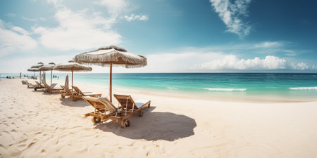 Beach chairs and umbrellas on a beautiful tropical beach, panoramaの素材
