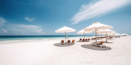 White sand beach with sun loungers and umbrellas.の素材