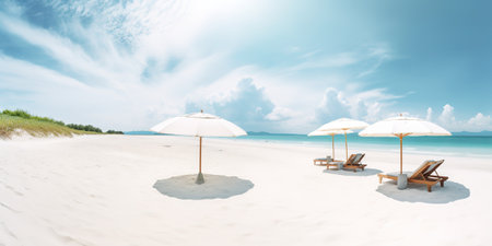 Beach chairs and umbrellas on white sand of tropical beachの素材