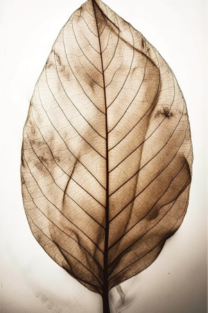 Leaf skeleton print isolated on white background. Close up.の素材