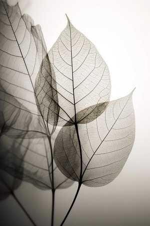 Leaves on a white background a toned, close upの素材