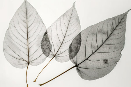 Dry black and white leaves on a white background, close-upの素材