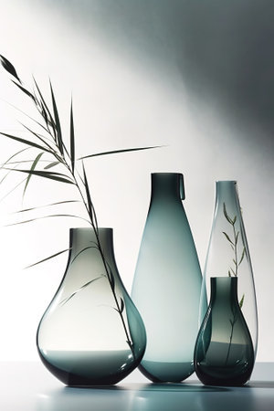 Three glass vases and bamboo branch on a gray background with copy spaceの素材