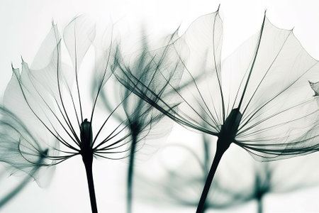 Dandelion seeds close-up on a white background. Abstract floral background.の素材