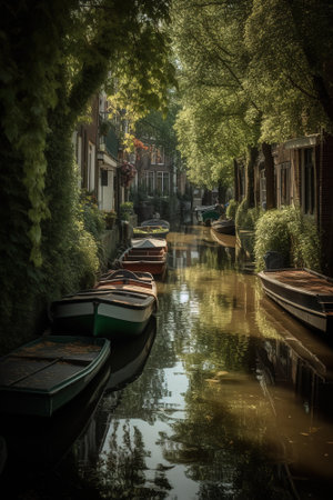 Canal with boats and houses in Amsterdam, Holland, Netherlands.の素材