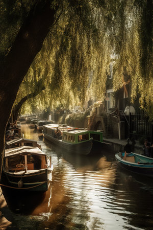 Amsterdam canal with boats and weeping willow tree in Holland, Netherlandsの素材