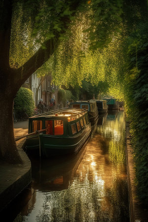 canals and boats in the city of Amsterdam, Holland, Netherlandsの素材