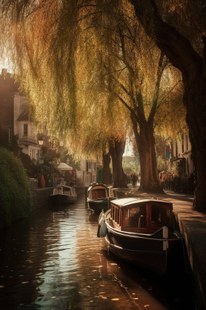 canal with boats and willow trees in Venice, Italy.の素材