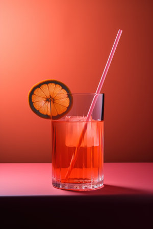 Cocktail with orange slice and straw on a red background.の素材
