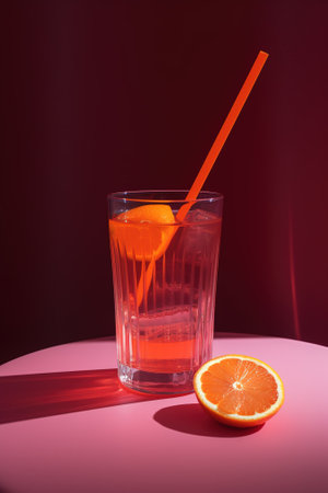 Glass of cocktail with orange slice and straw on pink background with shadowの素材