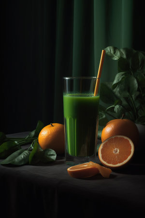 Fresh orange juice in a glass on a dark background with green leavesの素材