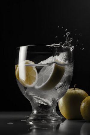 Glass of water with lemon and apple on black background, closeupの素材