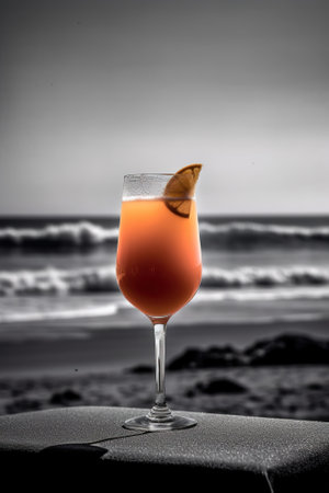 Cocktail on the beach with sea and sky in the backgroundの素材