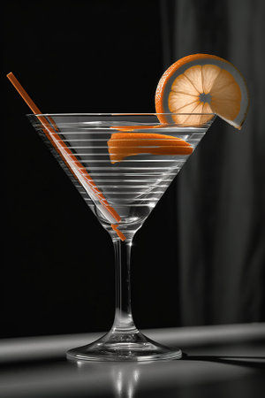 Cocktail in martini glass with orange slice on black backgroundの素材
