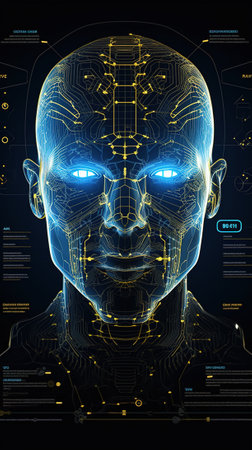Digital illustration of human head in cyberspace, artificial intelligence conceptの素材