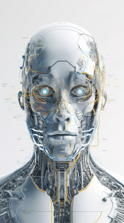 3d rendering of a female robot with digital elements on white backgroundの素材
