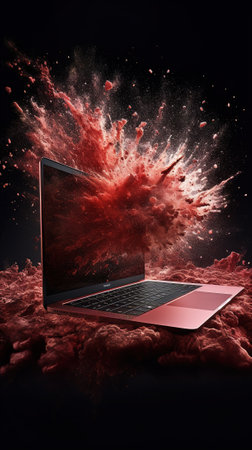 Laptop with red splashes on dark background. 3d renderの素材