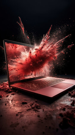 Close-up of a laptop with a red explosion flying out of the screenの素材