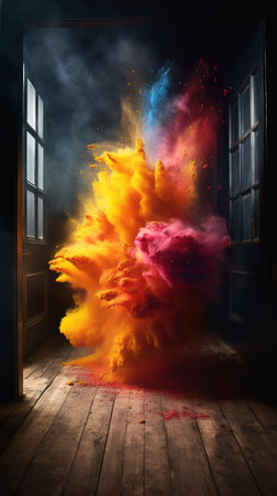 Explosion of colored smoke in the dark room, 3D renderingの素材