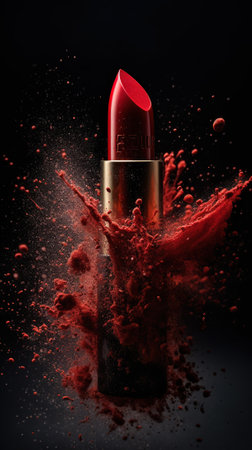 Lipstick with splashes of red color on a black backgroundの素材