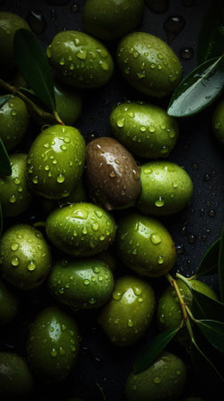 Green olives with water drops on a black background. Selective focus.の素材